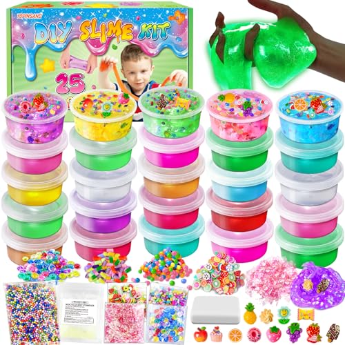 25 Farben DIY Schleim Kit, Slime Making Kit für Mädchen, Crystal Clear Slime, Glow in The Dark Slime mit Add-Ins Schaumstoffkugeln, Charms, Glitter, Geschenk-Spielzeug für Kinder von YOPINSAND