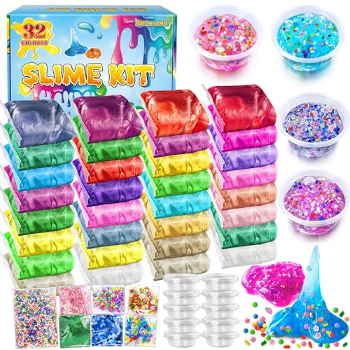 32 Farben DIY Schleim Kit, Slime Making Kit für Mädchen, Crystal Clear Slime, Glow in The Dark Slime mit Add-Ins Schaumstoffkugeln, Charms, Glitter, Geschenk-Spielzeug für Kinder von YOPINSAND