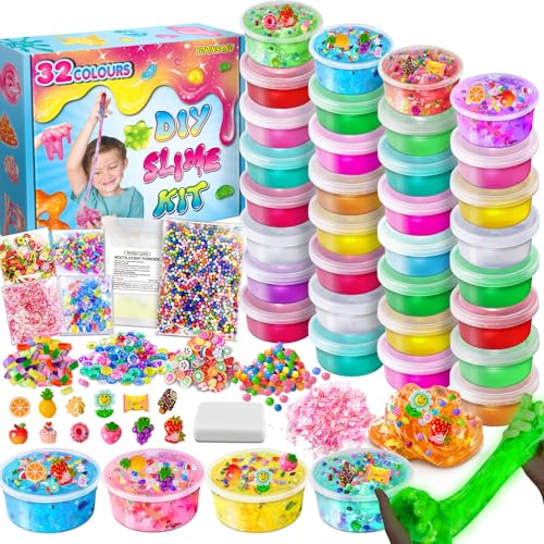 32 Farben DIY Schleim Kit, Slime Making Kit für Mädchen, Crystal Clear Slime, Glow in The Dark Slime mit Add-Ins Schaumstoffkugeln, Charms, Glitter, Geschenk-Spielzeug für Kinder von YOPINSAND