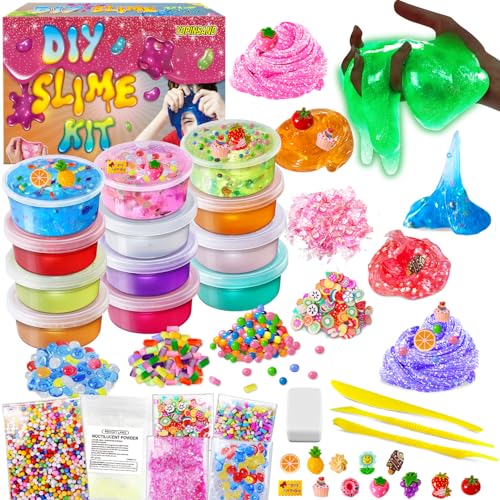 12 Farben DIY Slime Kit für Mädchen - Crystal Clear und Glow in The Dark Slime Mit Add-Ins Schaumstoffkugeln, Charms - Party Favors Geschenk Spielzeug für Kinder von YOPINSAND