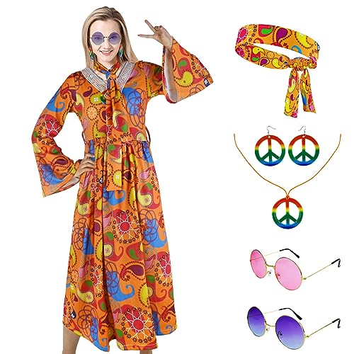YORDET 60er 70er Jahre Hippie Damen Kostüm Retro Hippie Kleidung mit Hippie Accessoires Disco Rave Outfit Faschingskostüm für Halloween Damen Set (3XL) von YORDET