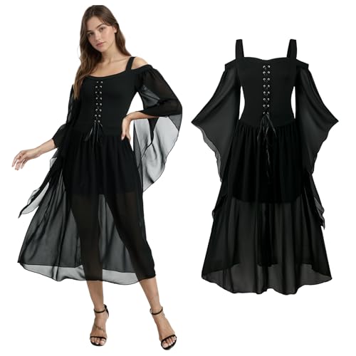 YORDET Damen Mittelalter Gothic Kleid Mit Trompetenärmel Renaissance Kostüm Korsett Viktorianisches Kleid für Halloween Party (M) von YORDET