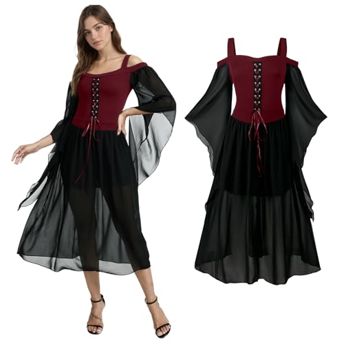 Damen Mittelalter Kostüm Gothic Kleid Mit Trompetenärmel Renaissance Kostüm Korsett Viktorianisches Kleid für Halloween Party (Rot, XL) von YORDET
