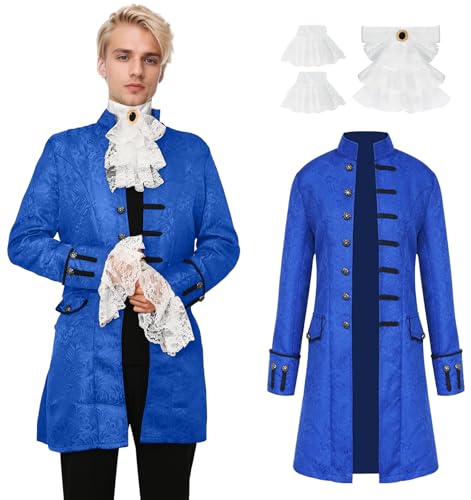 YORDET Herren Gothic Steampunk Mantel Mittelalter Vintage Gehrock Viktorianischen Gehrock Button Uniform Halloween Karneval Cosplay Kostüm (Blau, 3XL) von YORDET