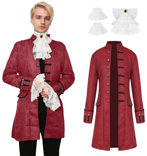 YORDET Herren Gothic Steampunk Mantel Mittelalter Vintage Gehrock Viktorianischen Gehrock Button Uniform Halloween Karneval Cosplay Kostüm (Rot, M) von YORDET