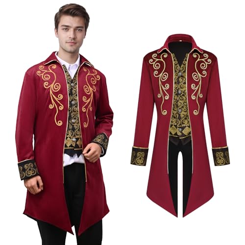 YORDET Herren Steampunk Frack Mittelalter Retro Jacke viktorianische Hof Phnom Penh Stickerei Mantel Vampir kostüm herren für Erwachsene (Rot, M) von YORDET