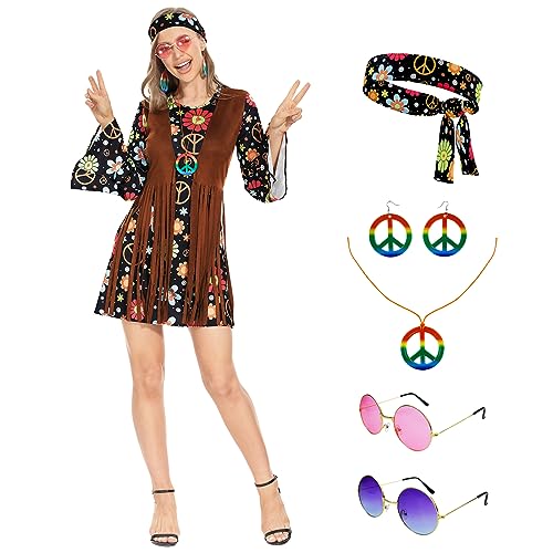 YORDET Hippie Kostüm Damen 60er 70er Hippie Kostüm, Retro Hippie Kleidung mit Hippie Accessoires, Disco Damen Faschingskostüme Party Kleidung Damen (2XL) von YORDET