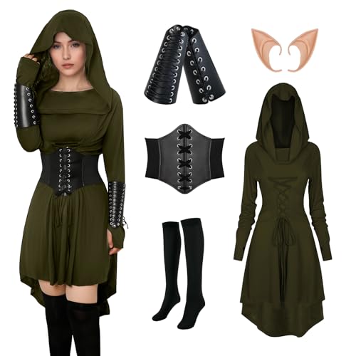 YORDET Mittelalter Kleidung Damen Gothic Kleid Set Renaissance Kapuzenkleid für Damen mit Korsett Armschützern Strümpfe Elfenohren für Karneval Halloween Partys (Grüner, M) von YORDET