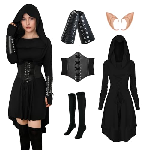YORDET Mittelalter Kleidung Damen Gothic Kleid Set Renaissance Kapuzenkleid für Damen mit Korsett Armschützern Strümpfe Elfenohren für Karneval Halloween Partys (Schwarz, XXL) von YORDET