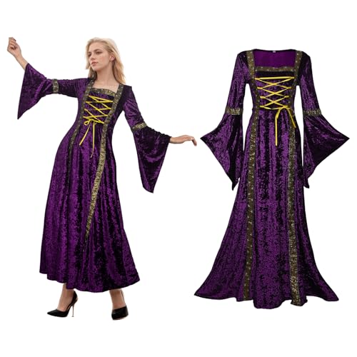 YORDET Mittelalter Kleidung Damen Renaissance Kleid Satin Retro Trompetenärmel Gothic Kleidung Viktorianisches Cosplay Prinzessin Kleidung HexenKostüm Gewand (Lila, S) von YORDET