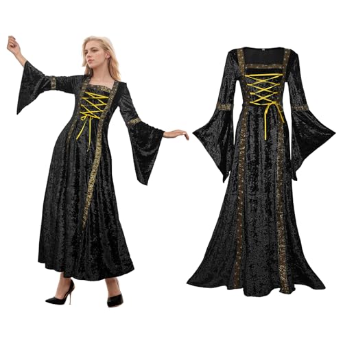 YORDET Mittelalter Kleidung Damen Renaissance Kleid Satin Retro Trompetenärmel Gothic Kleidung Viktorianisches Cosplay Prinzessin Kleidung HexenKostüm Gewand (Schwarz, XL) von YORDET
