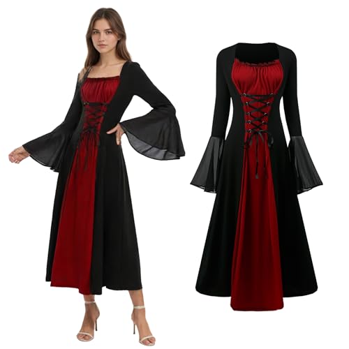 YORDET Renaissance Kostüm Frauen, Mittelalterliches Kleid mit Trompetenärmel, Vampir Robe Kostüm, Gothic Kleid Damen für Halloween Party (Rot, XL) von YORDET