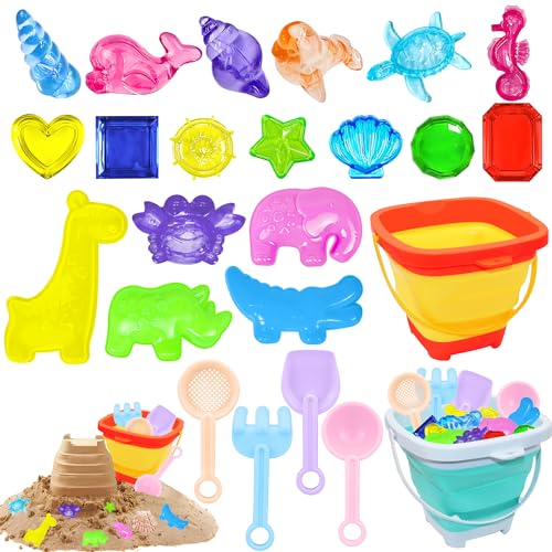 YORFULL 24 Stück Sandspielzeug, Sandkasten Spielzeug mit 2 Faltbarer Eimer, 4 Sandschaufel Kinder Werkzeugsätzen, 14 Sandförmchen, Kinder Sandspielzeug Set für Jungen und Mädchen ab 1 2 3 4 5 Jahre von YORFULL