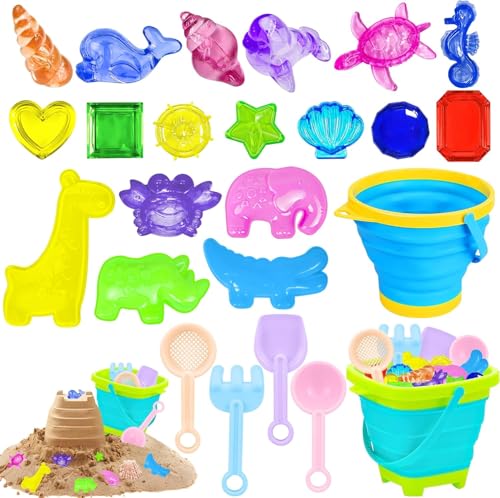 YORFULL 24 Stück Sandspielzeug, Sandkasten Spielzeug mit 2 Faltbarer Eimer, 4 Sandschaufel Kinder Werkzeugsätzen, 14 Sandförmchen, Kinder Sandspielzeug Set für Jungen und Mädchen ab 1 2 3 4 5 Jahre von YORFULL