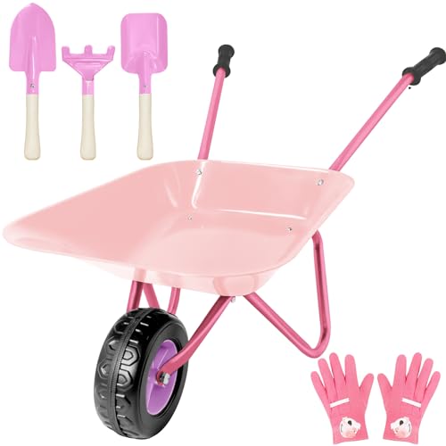 YORFULL Schubkarrenset für Kinder, Gartengeräte Kinder mit Metall Schubkarre, Schaufel, Rechen und Handschuhen, Gartenwerkzeug zum Spielen im Freien (Rosa) von YORFULL