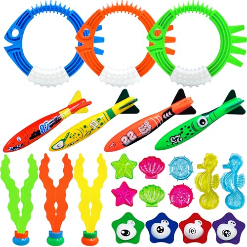 YORFULL Tauchspielzeug für Kinder, 22 Stück Tauch Spielzeug Kinder, Unterwasser Pool Spielzeug mit Tauchringe, Torpedos, Algenspielzeug für 5-12 Jahre, Tauchspielzeug Set mit Aufbewahrungsbeutel von YORFULL