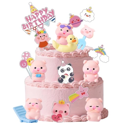 Piggy Tortendekoration, Miniatur Schwein Figuren, Rosa Party Dekoration, Regenbogen Glücksschwein Geburtstagstorte, Cupcakes, Tier Dekoration Zubehör, Strand Stühle Panda Enten Geburtstag Zubehör von YORISMAL