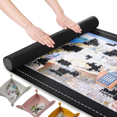 Puzzlematte zum Aufrollen, Gummi-Pad, 119,4 x 66 cm, tragbarer Puzzlehalter, bis zu 1500 Teile, mit rutschfester Gummi-Unterseite und glatter Oberseite + 6 Sortiertabletts & Reise-Aufbewahrungstasche Puzzlematte zum Aufrollen, Gummi-Pad, 119,4 x 66 cm, tragbarer Puzzlehalter, bis zu 1500 Teile, mit rutschfester Gummi-Unterseite und glatter Oberseite + 6 Sortiertabletts & Reise-Aufbewahrungstasche von YOSERHFI