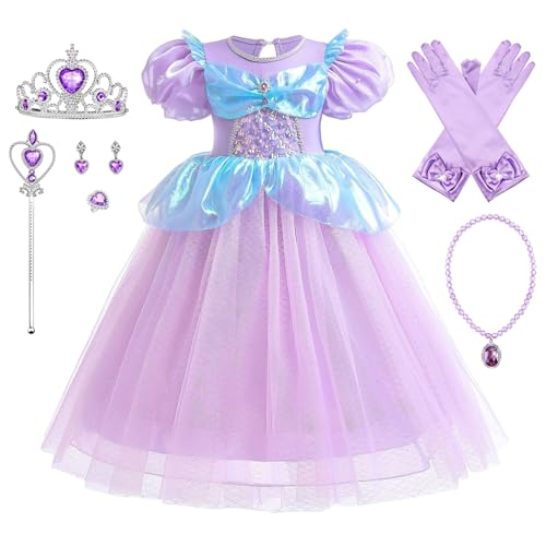 YOSICIL Ariel Prinzessin Kleid Mädchen Meerjungfrau Kleid mit Halskette Krone für Kinder Tüll fancy Dress für Verkleidung Cosplay Geschenk Halloween verkleiden Rollespiel Weihnachten, 100 von YOSICIL