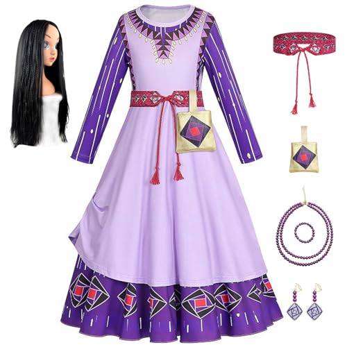 YOSICIL Asha Wish Kostüm für Mädchen Kinder lila Kleid mit Perücke Tasche Gürtel Ohrring Halskette Prinzessin Kleider für Verkleidung COSPLAY Geschenk Karneval, 100 von YOSICIL