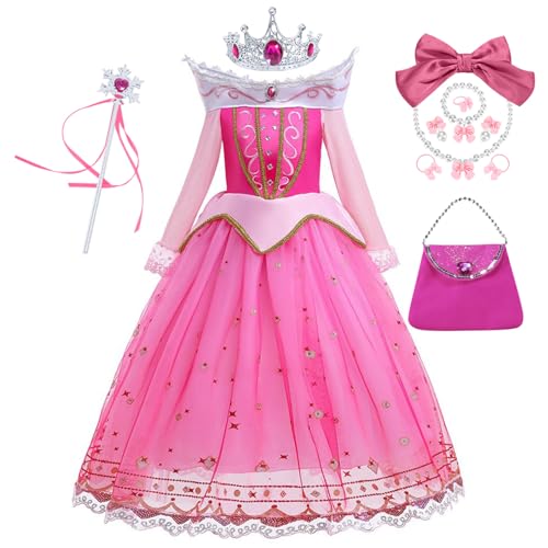YOSICIL Aurora Prinzessin Kleid Mädchen Tutu Kostüm mit Krone Zauberstab Dornröschen Kinder Tülldress für Verkleidung Oktoberfest Geschenk Cosplay Halloween Karneval Blumenmädchen, Rosa, 150 von YOSICIL