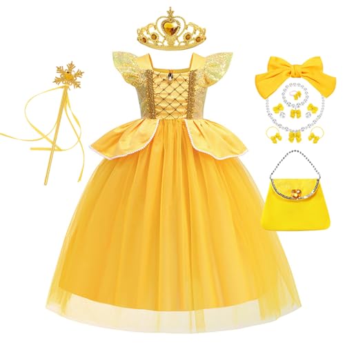 YOSICIL Belle Prinzessinkleid mit Diademe Zauberstab Mädchen Tüllkleid Tutu Kinder Kostüm für Weihnachten Halloween Verkleidung Fasching Karneval Cosplay Kindergarten, Gelb, 150 YOSICIL Belle Prinzessinkleid mit Diademe Zauberstab Mädchen Tüllkleid Tutu Kinder Kostüm für Weihnachten Halloween Verkleidung Fasching Karneval Cosplay Kindergarten, Gelb, 150 von YOSICIL