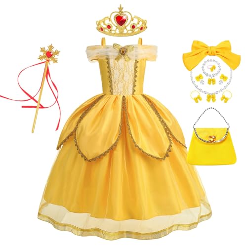 YOSICIL Belle Prinzessinnenkleid Mädchen Tüllkleid Kinder Kostüm mit Zauberstab, Diademe für Halloween Karneval Weihnachten Verkleidung Cosplay Geschenk Geburtstag, Gelb, 100 von YOSICIL
