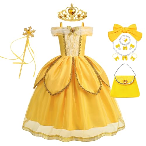YOSICIL Belle Prinzessinnenkleid Mädchen Tüllkleid Kinder Kostüm mit Zauberstab, Diademe für Halloween Karneval Weihnachten Verkleidung Cosplay Geschenk Geburtstag, Gelb, 140 YOSICIL Belle Prinzessinnenkleid Mädchen Tüllkleid Kinder Kostüm mit Zauberstab, Diademe für Halloween Karneval Weihnachten Verkleidung Cosplay Geschenk Geburtstag, Gelb, 140 von YOSICIL