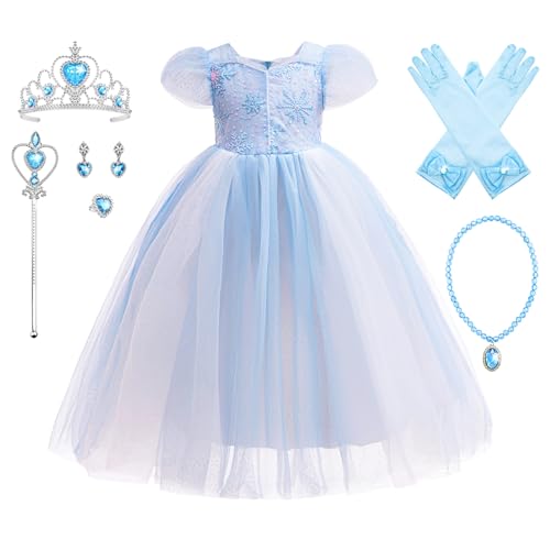 YOSICIL Cinderella Prinzessin Kostüm mit Zubehöre für Mädchen Kinder Kleid Blaues Dress up Set Outfits für Verkleidung Cosplay Halloween Weihnachten Geschenk Geburtstag Partys, Blau, 100 von YOSICIL