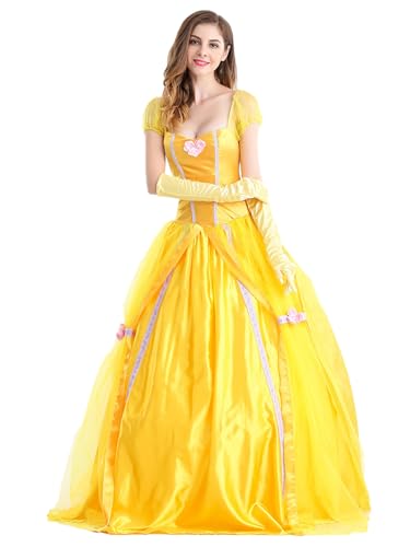 YOSICIL Damen Belle Kostüm mit Handschuhe Frauen Langes Kleid Erwachsene Gelb Prinzessin Outfits für Geschenk Halloween Weihnachten Rollenspiele Verkleidung Cosplay Karneval, Gelb, XL von YOSICIL