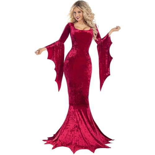 YOSICIL Damen Fledermaus Zip Hoodie Kostüm Erwachsene Cosplaykleid Hexenkleid Fraunen Outfits für Geschenk Mottoparty Halloween Karneval Verkleidung Fasching, Rot, L von YOSICIL