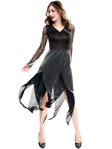 YOSICIL Damen Geisterschriff Erwachsene Kostüm Friedhofsbraut Kleid Rosenschleier böse Königin Outfits für Geschenk Halloween Karneval Cosplay Ausführen Vampir Lange Kleid Horror, Schwarz, XXL von YOSICIL