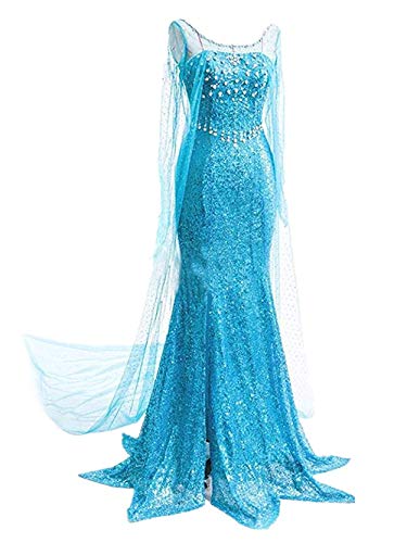 YOSICIL Damen Prinzessin ELSA Kleid Frauen Eiskönigin Kostüm Kleid Weihnachtsfeier Cosplay Halloween Karneval Fasching Party Verkleidung Festlich Kleid S-2XL, Blau, 2XL von YOSICIL