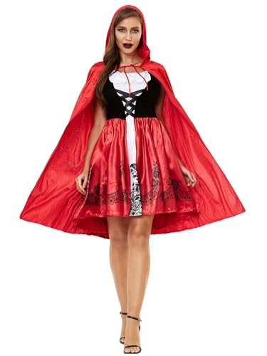 YOSICIL Damen Rotkäppchen Kostüm Frauen Cosplaykleid mit Umhang Erwachsenes Outfits für Verkleidung Rollenspiele Karneval Oktoberfest Geburtstag Geschenk Halloween, Rot, L von YOSICIL