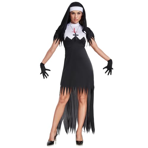 YOSICIL Damen Schwarz Nonnen Kostüm Zombie Kleider für Frauen Erwachsene Gruseliges Outfit für Rollenspiele Halloween Karneval Fasching Verkleidung Mottoparty, Schwarz, S von YOSICIL