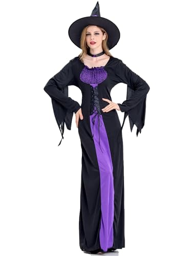 YOSICIL Damen Vampir Kostüm mit Hexenhut Halsschmuck Frauen Hexenkleid Erwachsene Vintage-Outfits für Verkleidung Halloween Fasching Karneval Geschenk Rollenspiele Mottoparty, Schwarz, XXL von YOSICIL