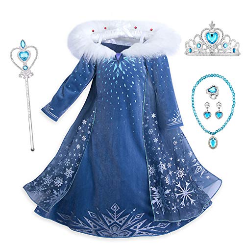 YOSICIL Die Eiskönigin Elsa Kostüm Mädchen Frozen Kleid mit Umhang Schneeflocken Prinzessin Kleid mit Plüschkragen Karneval Fasching Weihnachten Party Cosplay Kostüm Blau mit Zubehör von YOSICIL
