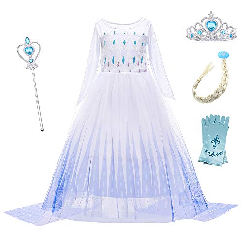 YOSICIL Eiskönigin 2 Prinzessin ELSA Kostüm Ice Queen Kinder Kleid Weißes Prinzessinnen-Kostüm Schneekönigin Kostüme Cosplay Fasching Geburtstag Kleider Lange Ärmel mit Zubehör,Weiß,140CM von YOSICIL