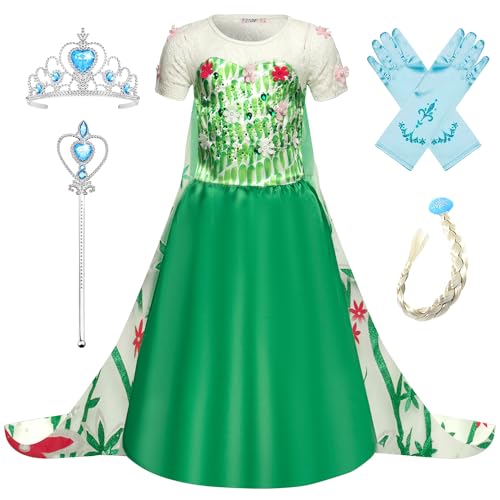 YOSICIL Eiskönigin ELSA Kostüm Mädchen Prinzessin ELSA Kleid Cosplay Geburtstag Anna und Elsa Verkleidung Set Halloween Fest Karneval Fasching Partei Kleid Grün 130 von YOSICIL