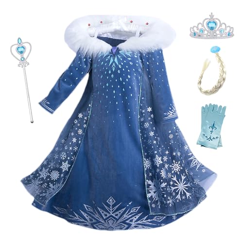 YOSICIL Eiskönigin Elsa Kostüm Mädchen Frozen Kinder Winter Schneeflocken Kleid mit Zubehöre für Verkleidung Cosplay Karneval Weihnachten Geschenk Halloween Geburtstag, Blau, 110 von YOSICIL