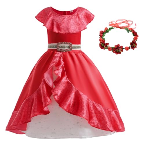 YOSICIL Elena Adventure Kostüm Mädchen Kinder Prinzessin Kleid Dress up mit Kranz Rotes Kleid für Ankleiden Verkleidung Cosplay Geburtstag Geschenk Karneval Halloween Partys, Rot, 130 von YOSICIL