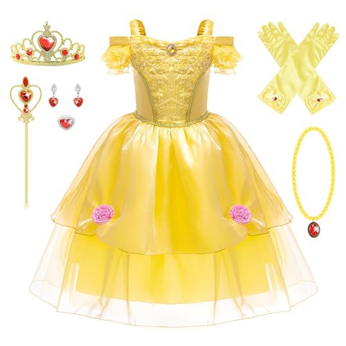 YOSICIL Elsa Belle Prinzessin Kostüm Kinder fancy gelb Kleid mit Krone Handschuhe Zauberstab für Weihnachten Verkleidung Halloween Karneval Cosplay, Gelb, 110 YOSICIL Elsa Belle Prinzessin Kostüm Kinder fancy gelb Kleid mit Krone Handschuhe Zauberstab für Weihnachten Verkleidung Halloween Karneval Cosplay, Gelb, 110 von YOSICIL