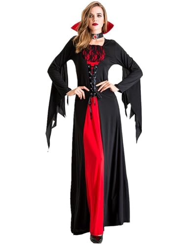 YOSICIL Frauen Hexenkleid mit Halsschmuck Damen Vampir Kostüm Erwachsene Renaissance Outfits für Geschenk Halloween Karneval Mittelalter Kleid Cosplay Verkleidung Mottoparty, Schwarz, M von YOSICIL