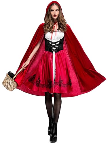YOSICIL Frauen Rotkäppchen Kostüm Damen Prinzessin Kleid mit Umhang Erwachsene Hexenoutfits Little Red Riding Dress für Verkleidung Halloween Karneval Geschenk Cosplay ohne Korb, Rot, S von YOSICIL