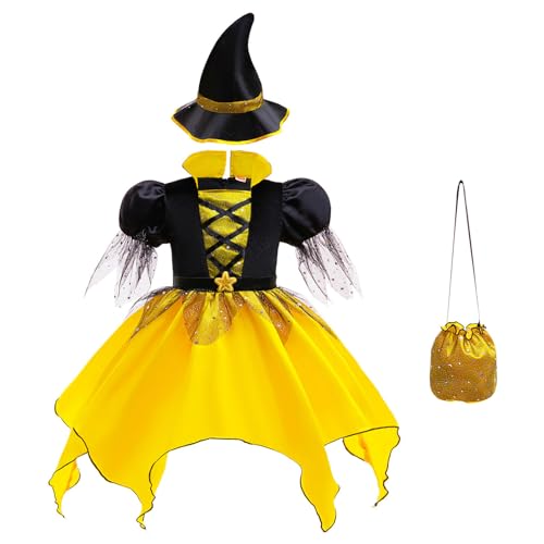 YOSICIL Kinder Hexenkostüm Mädchen Zauberer Outfits mit Hexenhut Tasche Hexenbesen Leuchtende Witcher Set für Fasching Halloween Karneval Rollenspiele Mottopartys Cosplay Verkleidung, Gelb, 140 von YOSICIL