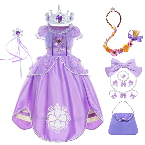 YOSICIL Kinder Prinzessin Kostüm Mädchen Rapunzel Maxikleid mit Zubehöre Zaubertab Krone Zopf Tülldress Verkleidung Geburtstagsfeiern Geschenk Cosplay Halloween Fasching Ankleiden, Lila, 100 von YOSICIL