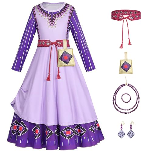 YOSICIL Kinder Prinzessin Kostüm für Mädchen Asha Kleid mit Tasche Gürtel Ohrring Outfits Wunschkleider für Kindergarten Geburtstagsfeiern Geschenk Verkleidung Cosplay, 140 von YOSICIL