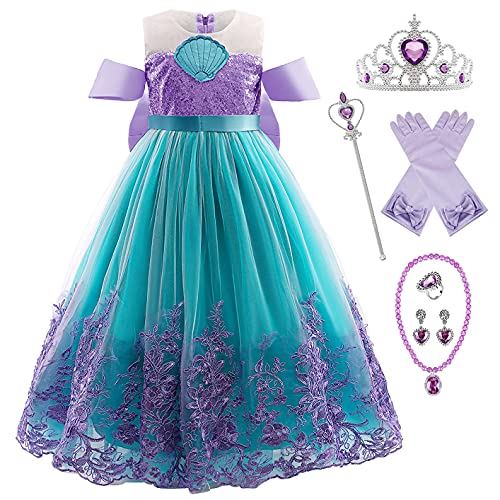 YOSICIL Kostüm für Mädchen Kinder Prinzessinkleid mit Zubehöre Krone handschuhe zauberstab ring für Halloween Weihnachten Verkleidung Party Kindergarten Geburtstagsfeiern, Blau B, 110 von YOSICIL