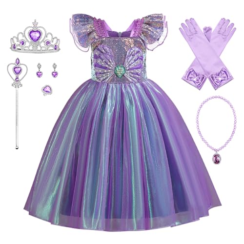YOSICIL Lila Meerjungfrauen Prinzessinnenkleid Mädchen Kostüm mit Halskette Krone Kinder fancy Dress Outfits für Verkleidung Halloween Geschenk Geburtagsfeiern Karneval Coslay, Lila, 100 von YOSICIL