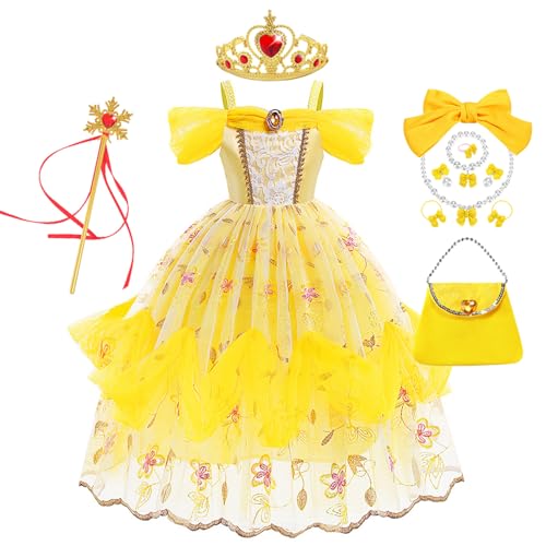 YOSICIL Mädchen Belle Prinzessin Kostüm mit Krone Zauberstab Kinder Tüllkleid Faltenrock Partykleid für Verkleidung Geschenk Geburtstag Cosplay Karneval Halloween Blumenmädchen, Lila, 120 von YOSICIL